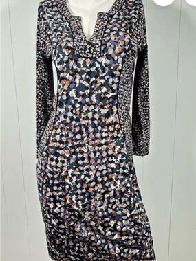 BCBGMaxAzria Navy, Rust, White & Gray Printed Long Sleeve Shift Dress